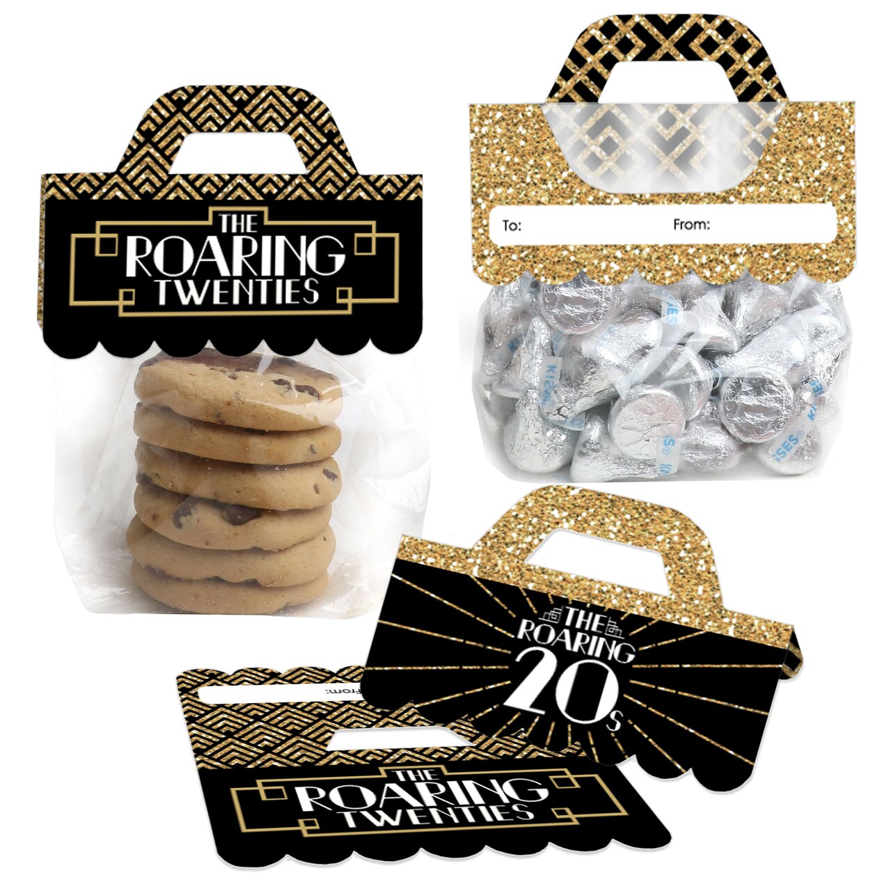 Big Dot of Happiness Roaring 20's DIY 1920s Art Deco Jazz Party Clear Goodie Favor Bag Labels Candy Bags with Toppers Set of 24